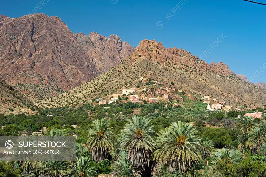Typical mountain landscape in the Anti-Atlas Mountains, village on a hill with traditional Berber houses, Anti-Atlas mountain range, southern Morocco,...