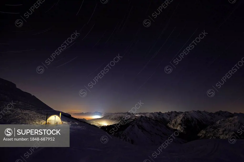 Mountain panorama with stars in winter, Baad, Kleinwalsertal, Vorarlberg, Austria, Europe
