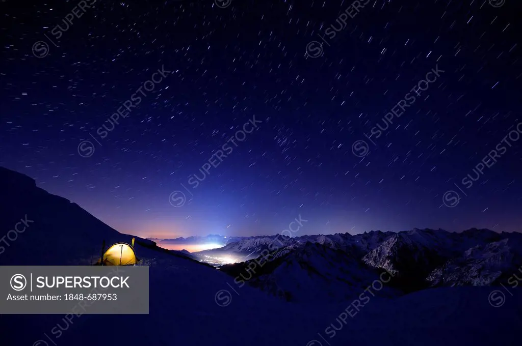 Mountain panorama with stars in winter, Baad, Kleinwalsertal, Vorarlberg, Austria, Europe