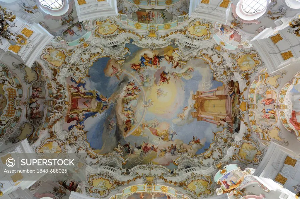 Ceiling fresco in Wieskirche, Wies Church, pilgrimage church of scourged savior on the meadow, Rococo-style, 1745-1754, UNESCO World Heritage Site, St...