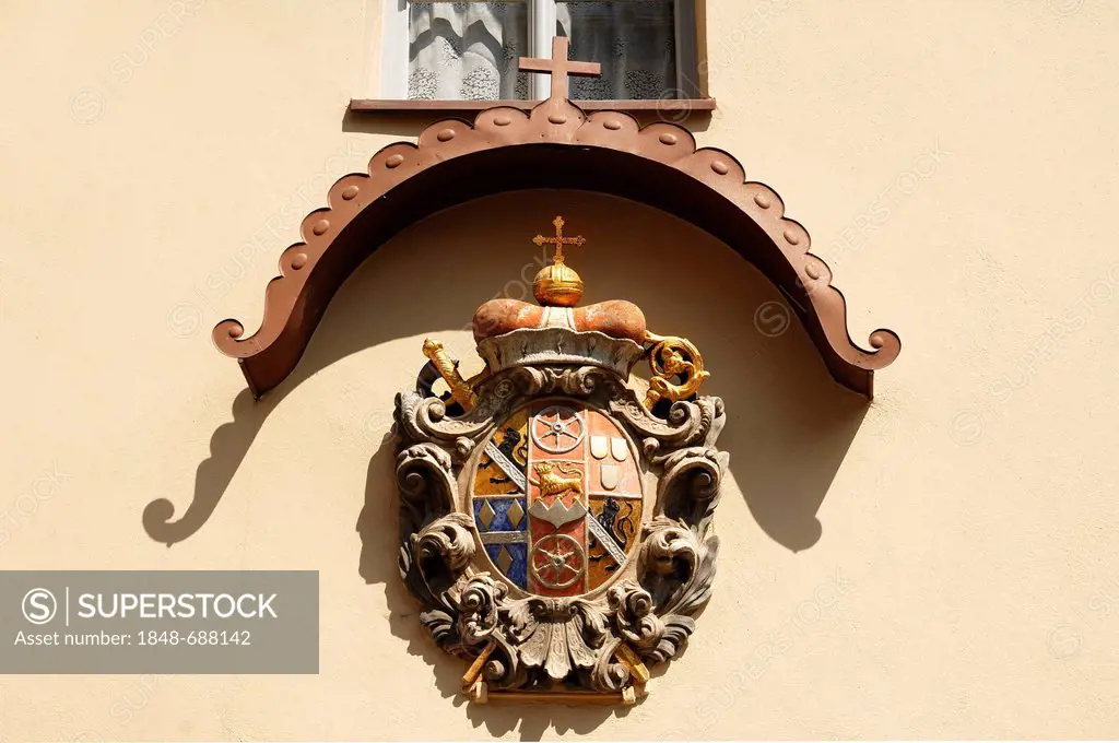 Papal coat of arms on the side building of the Basilica, Victor von Scheffel Strasse 1, Goessweinstein, Upper Franconia, Bavaria, Germany, Europe