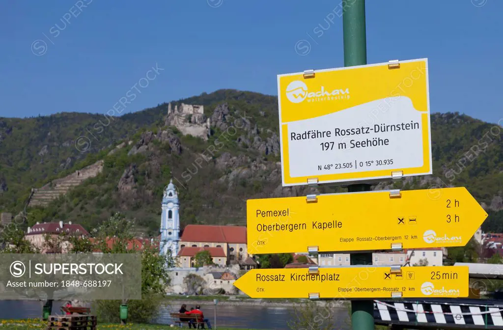 Information panels to the ferry to Duernstein and the Danube Bike Path, Danube river, Arnsdorf, Wachau Region, Lower Austria, Austria, Europe