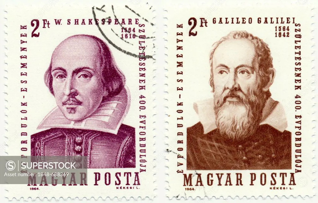 Historic postage stamps, William Shakespeare, Galileo Galilei, 1964, Hungary, Europe