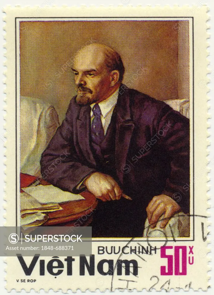 Historic postage stamp, Vladimir Ilyich Ulyanov, Lenin, painting by Serov, 1984, Vietnam, Asia
