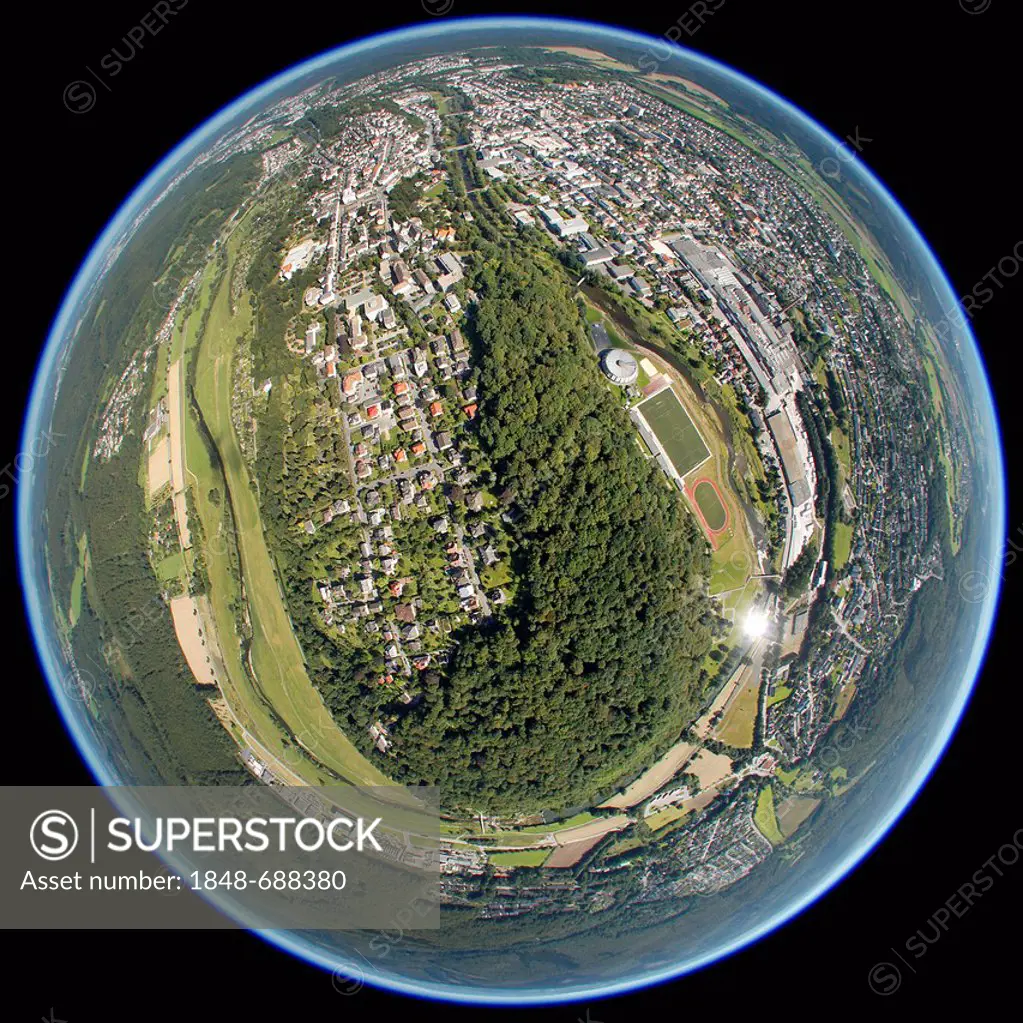 Aerial view, fisheye shot, historic town centre of Arnsberg with the loop of the Ruhr River, Sauerland, North Rhine-Westphalia, Germany, Europe