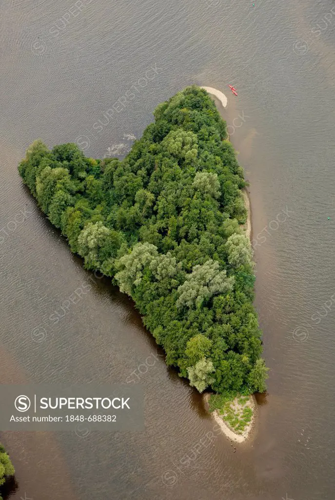 Aerial view, heart-shaped island in the Kemnade Reservoir, Witten, Ruhr Area, North Rhine-Westphalia, Germany, Europe