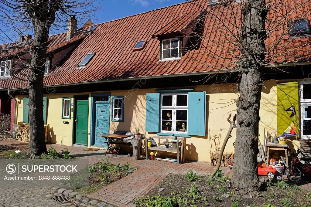 Restored houses on the grounds of St. John's Abbey, historic town centre, Stralsund, UNESCO World Heritage Site, Mecklenburg-Western Pomerania, German...