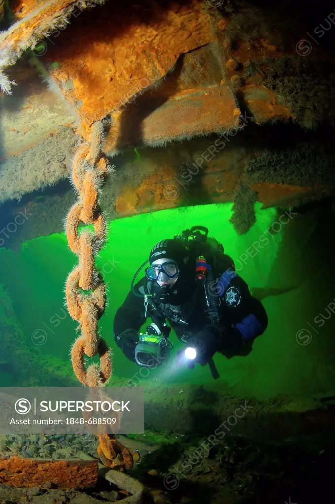 Diver at the shipwreck of the Russian transport vessel Bryansk, Odessa, Black Sea, Ukraine, Eastern Europe