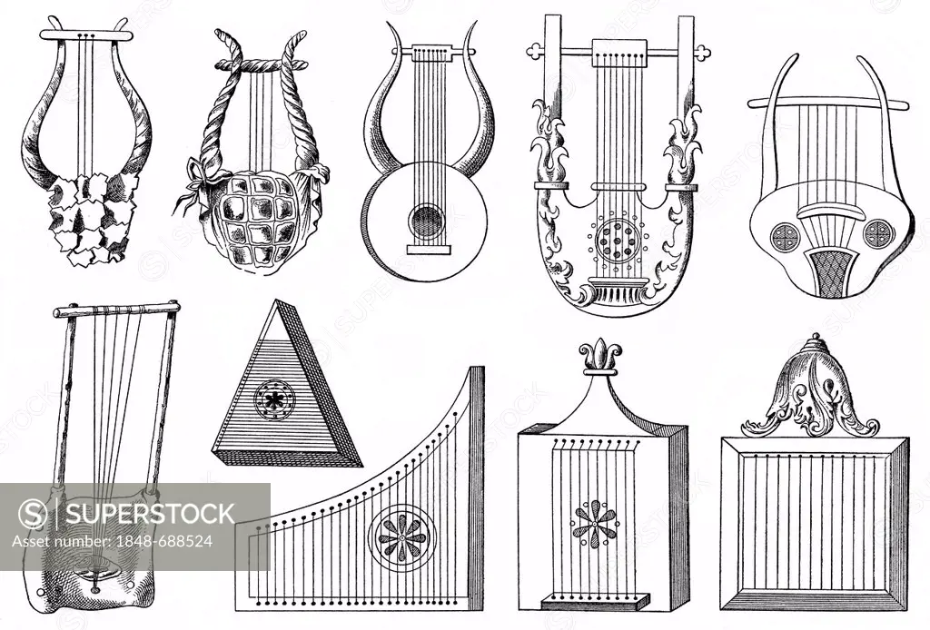 Historical drawing, various forms of the lyre, ancient string instruments from ancient Greece, the Roman Empire and Africa