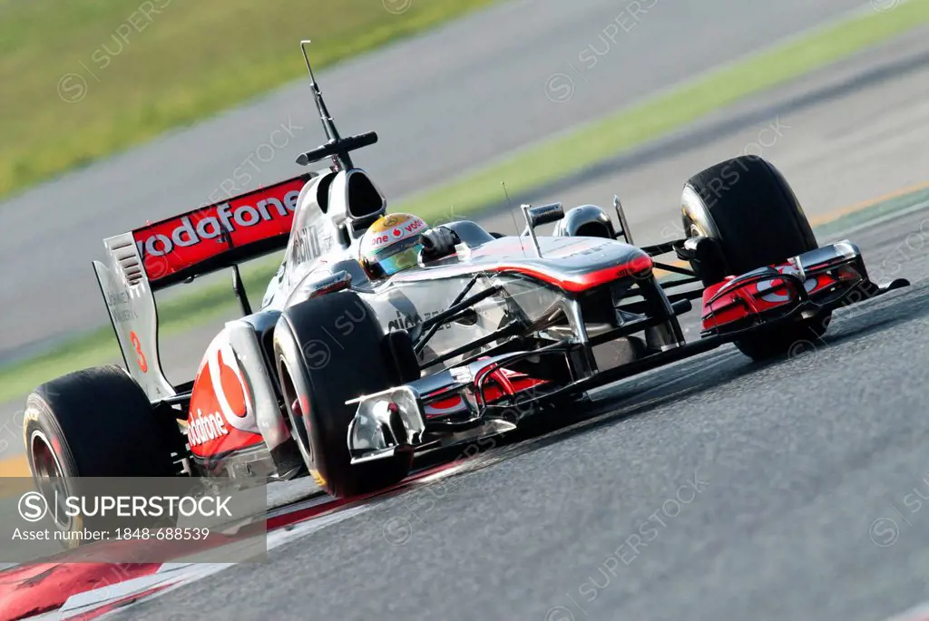 British driver Lewis Hamilton driving his McLaren-Mercedes MP4-26 car, motor sports, Formula 1 testing at the Circuit de Catalunya, Circuit de Barcelo...