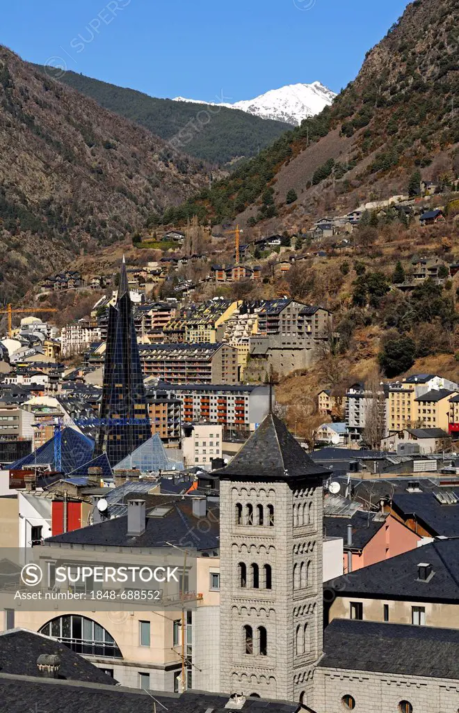 View over Escaldes-Engordany with the Church of San Pedro Martir in the foreground, Andorra La Vella, Andorra, Europe