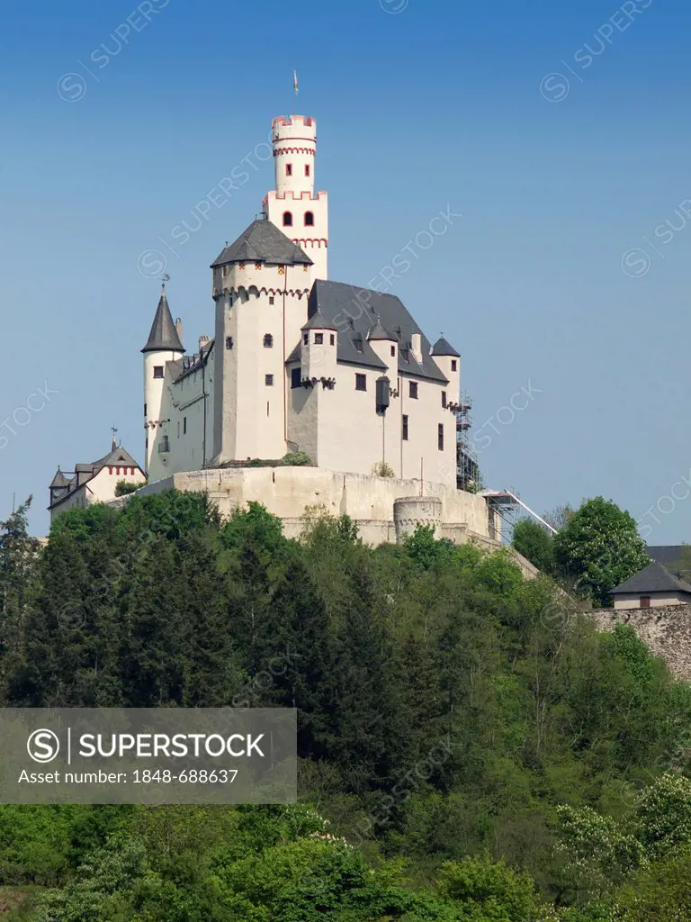 The Marksburg mountain fortress, Braubach, UNESCO World Heritage Site Upper Middle Rhine Valley, Rhein-Lahn-Kreis district, Rhineland-Palatinate, Germ...
