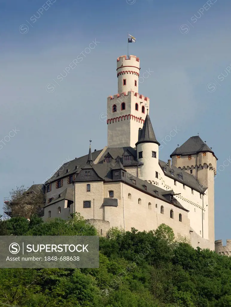 The Marksburg mountain fortress, Braubach, UNESCO World Heritage Site Upper Middle Rhine Valley, Rhein-Lahn-Kreis district, Rhineland-Palatinate, Germ...