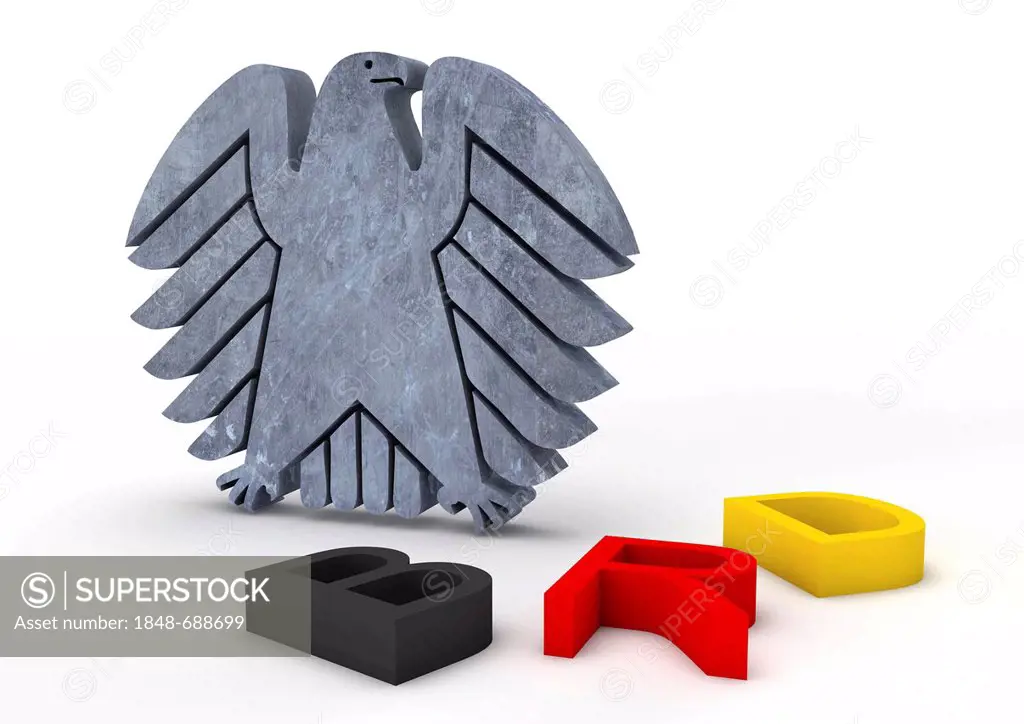 Federal eagle with the letters BRD, symbolic image for Germany being down, euro crisis, 3D illustration