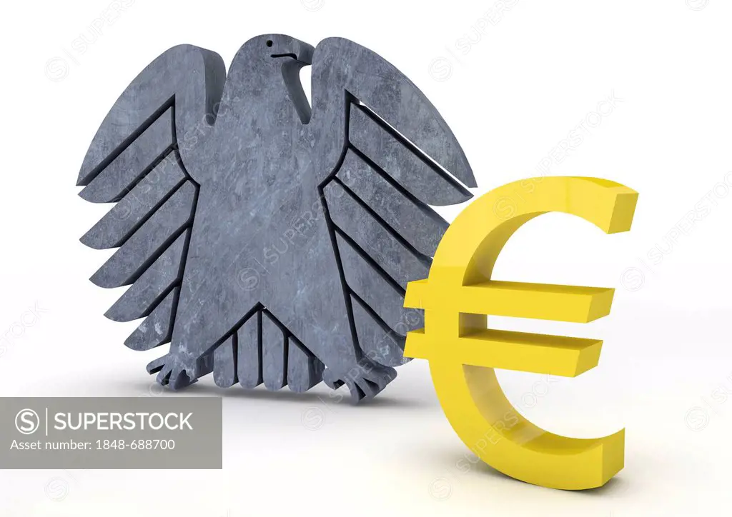 Federal eagle with euro sign, symbolic image for Germany and the euro crisis, 3D illustration
