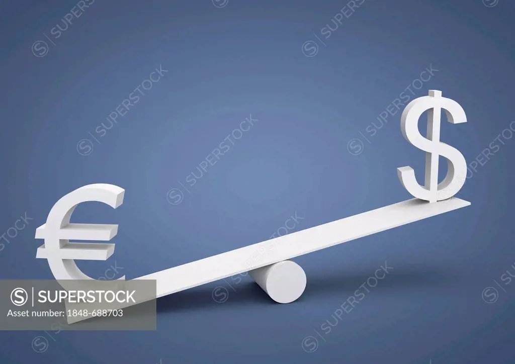 Seesaw out of balance, the euro is heavier than the U.S. dollar, currency, symbolic image for imbalance, dominance, 3D illustration