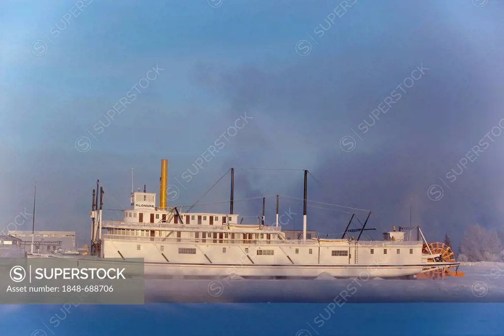 Historic steam ship, stern wheeler, S. S. Klondike, Whitehorse, across the steaming Yukon River, Yukon Territory, Canada