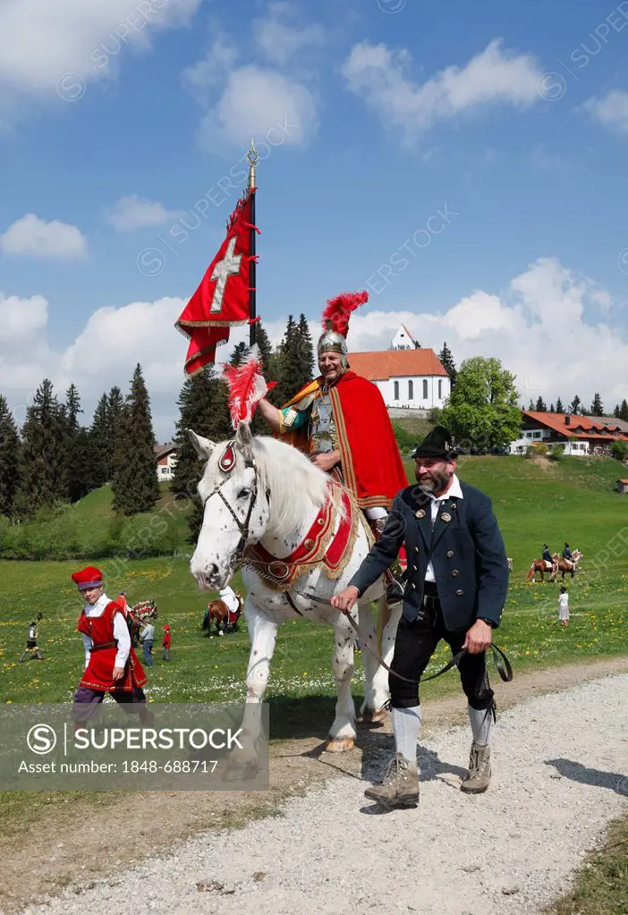 St. George riding on horseback, St. George's Ride horse pilgrimage, Auerberg, Bernbeuren, Allgaeu, Upper Bavaria, Bavaria, Germany, Europe