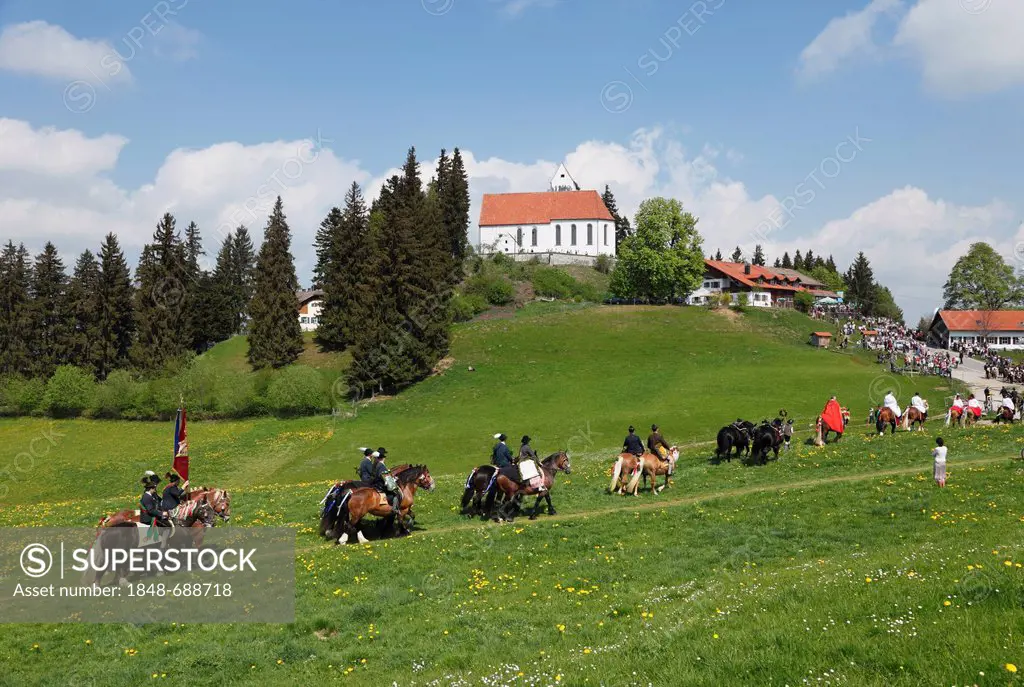 St. George's Ride horse pilgrimage, church of St. George, Auerberg, Bernbeuren, Allgaeu, Upper Bavaria, Bavaria, Germany, Europe