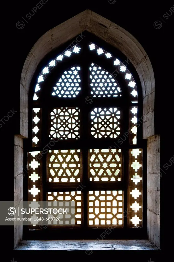 Marble window, marble mausoleum, the tomb of Hoshang Shah, Mandu, Madhya Pradesh, North India, India, Asia