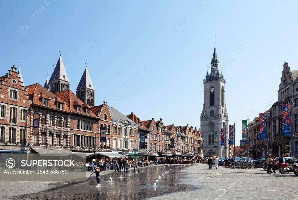 Cathedral Notre Dame de Tournai, built from 1110 to 1325, and belfry from 1200, UNESCO World Heritage Site, Grand Place, Tournai, Province of Hainaut,...