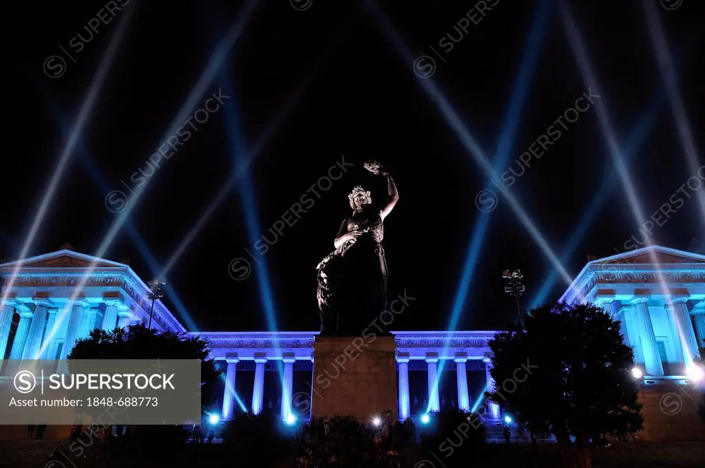 Bavaria statue and Feldherrnhalle, Field Marshals' Hall, brightly illuminated by light beams, Oktoberfest 2010, Munich, Upper Bavaria, Bavaria, German...