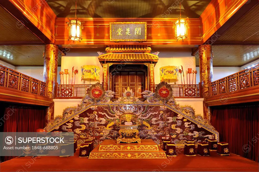 Interior of the theater, view on the stage, Hoang Thanh Imperial Palace, Forbidden City, Hue, UNESCO World Heritage Site, Vietnam, Asia