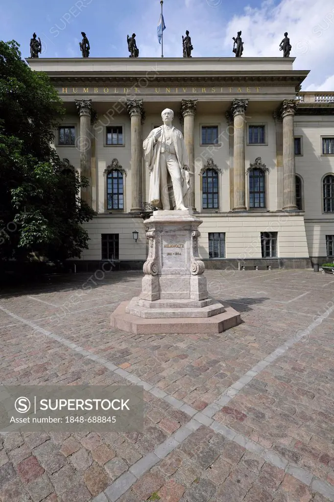 Statue of Hermann von Helmholtz in front of the Humboldt Universitaet university, Unter den Linden, Dorotheenstadt, Mitte district, Berlin, Germany, E...
