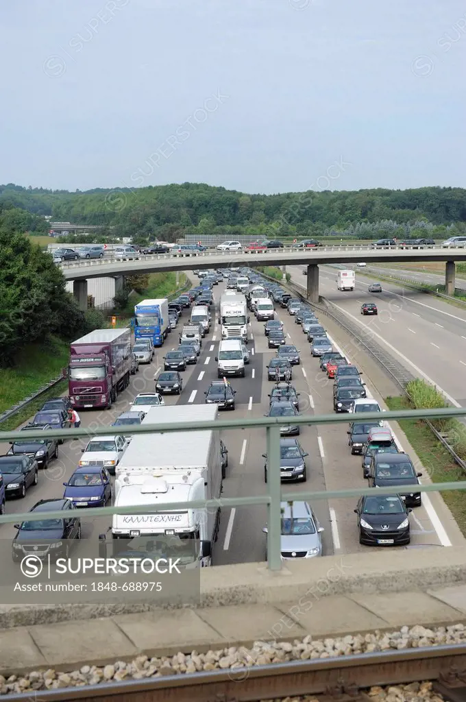 Congestion of traffic on the A8 motorway near the Degerloch exit, travelling to Munich, looking towards Karlsruhe, Stuttgart, Baden-Wuerttemberg, Germ...