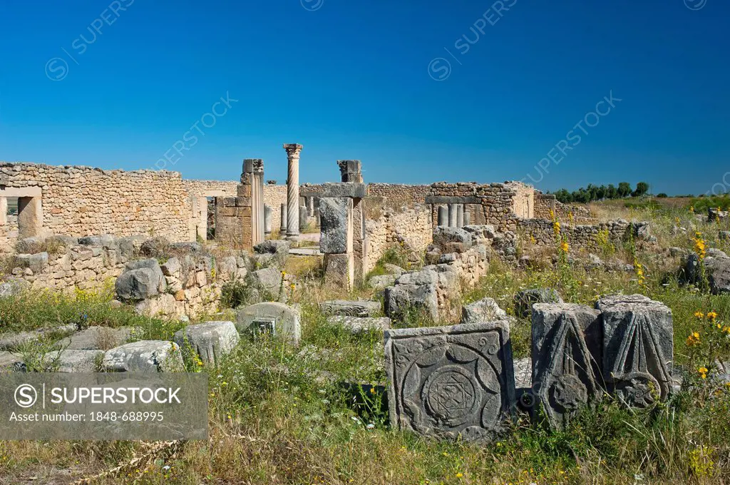 Fragments of stone masonry, Roman ruins, ancient city of Volubilis, UNESCO World Heritage Site, Morocco, North Africa, Africa