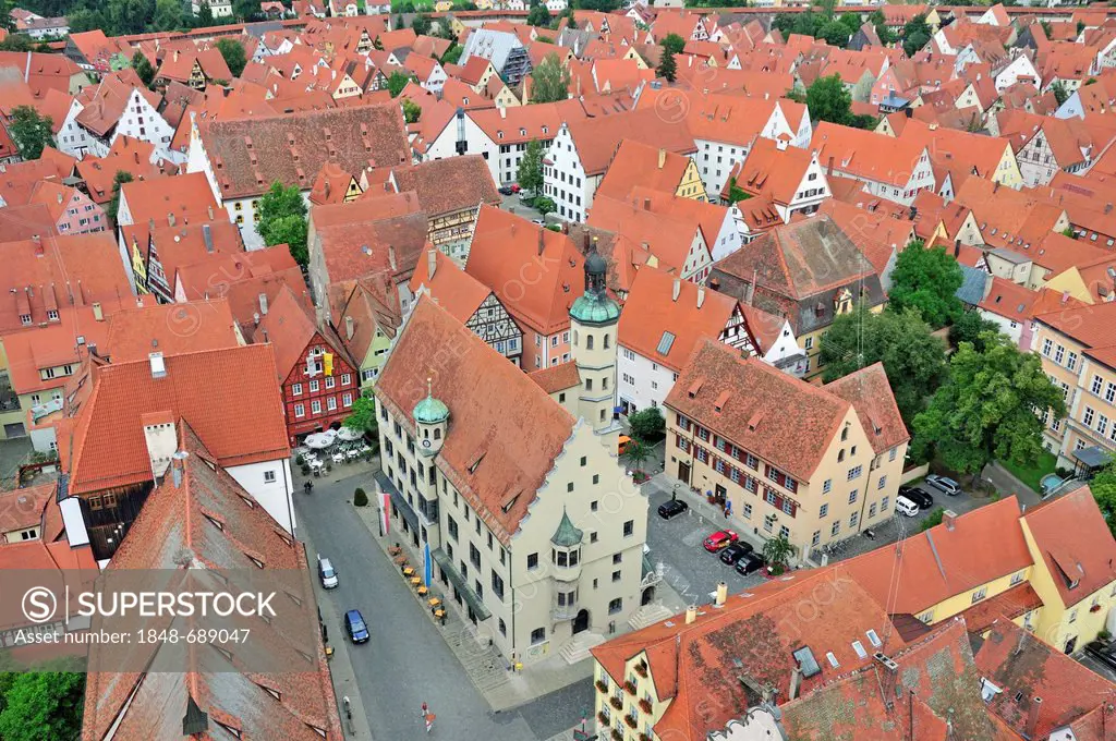 View over the rooftops and the city hall of Noerdlingen, Donau-Ries district, Swabia, Bavaria, Germany, Europe