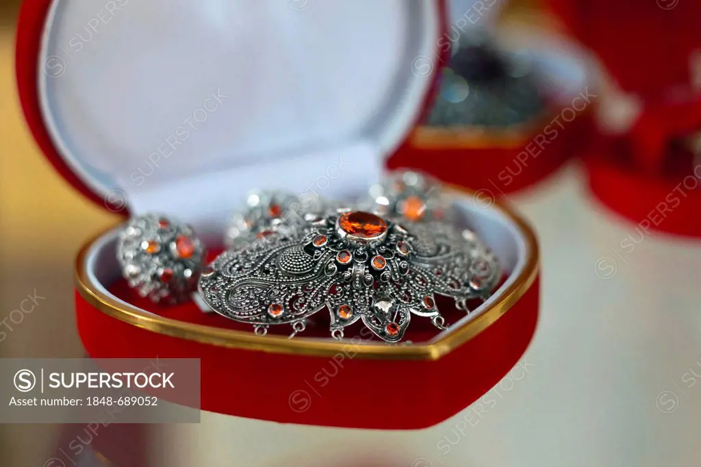 Silver jewellery for sale in a heart-shaped box, Bali, Indonesia, Southeast Asia, Asia