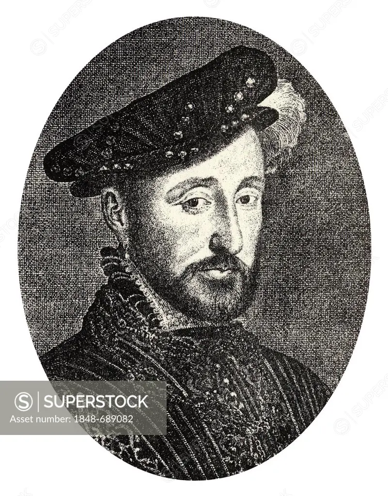 Historical steel engraving from the 19th Century, portrait, Henri II, from the House of Valois-Angoulême, King of France, 16th Century