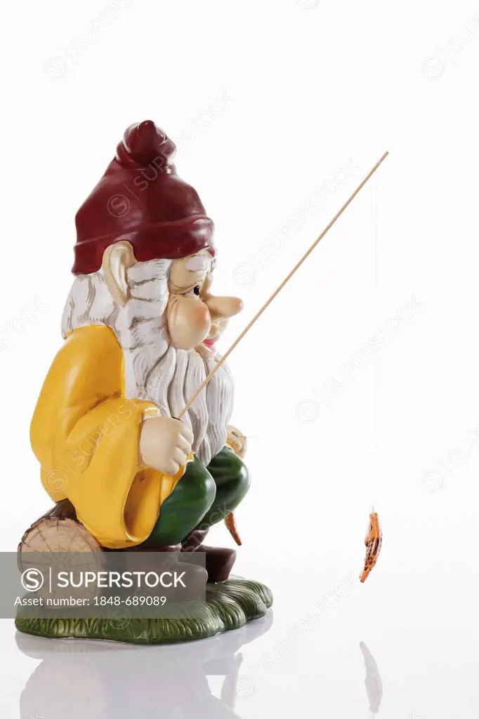 Garden gnome with a fish on its hook
