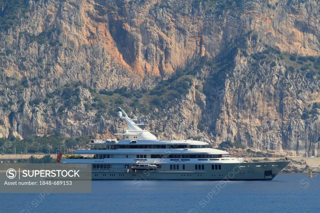 Motor yacht Reborn, built by shipyard Amels Holland in 1999, length 75.5 metres, at Cap Ferrat or Cape Ferrat on the Côte d'Azur, France, Mediterranea...