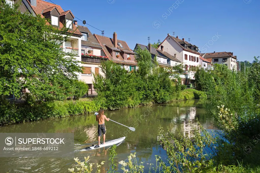 Old Town at the Elsenz river, Neckargemuend, Baden-Wuerttemberg, Germany, Europe