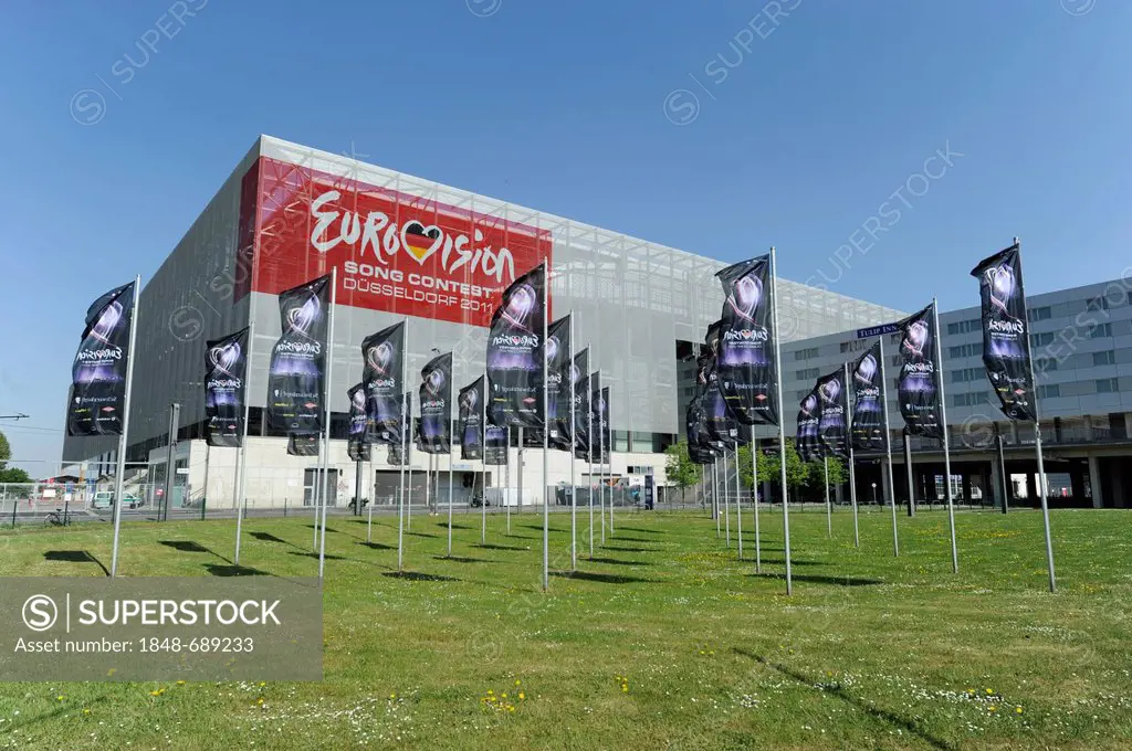 Esprit Arena stadium with the ESC logo which will host the Eurovision Song Contest 2011, Duesseldorf, North Rhine-Westphalia, Germany, Europe