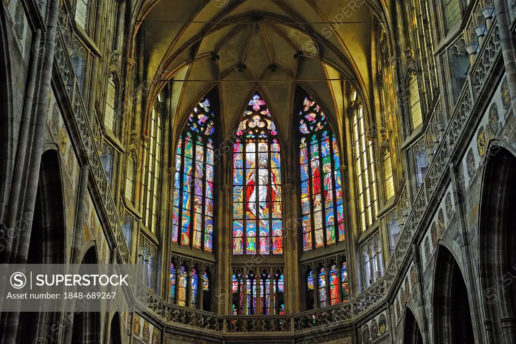 Stained glass church window, apse, Gothic St. Vitus Cathedral, Hradcany, Prague Castle district, Prague, Bohemia, Czech Republic, Europe