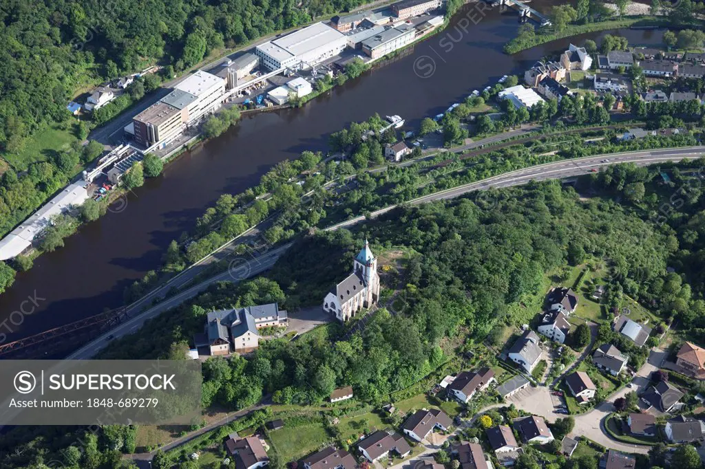 Aerial view, Lahnstein on the Lahn River, with All Saints' Chapel, Rhineland-Palatinate, Germany, Europe