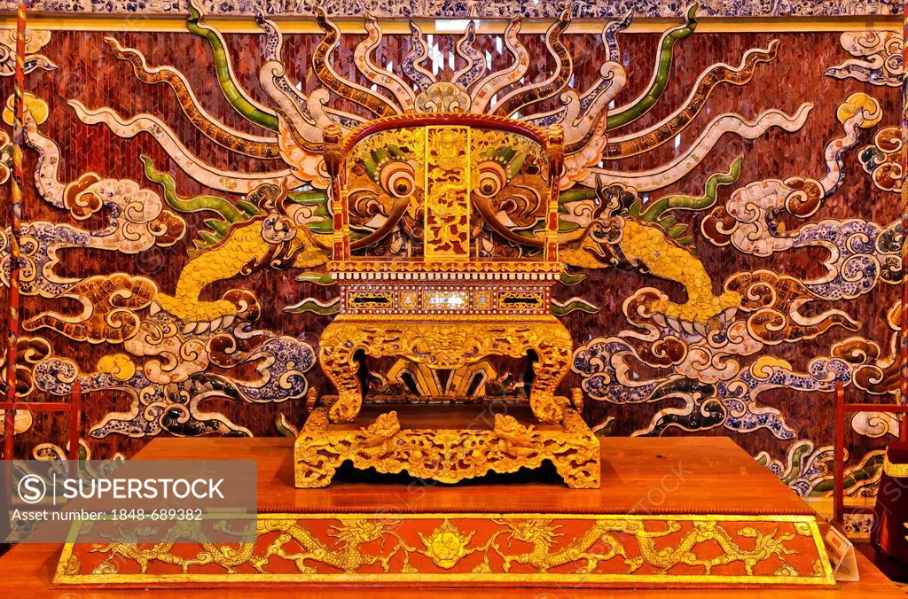 Throne on the stage of the theater, Hoang Thanh Imperial Palace, Forbidden City, Hue, UNESCO World Heritage Site, Vietnam, Asia