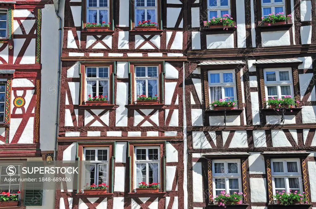 Half-timbered houses on the market place of Bernkastel-Kues, Rhineland-Palatinate, Germany, Europe