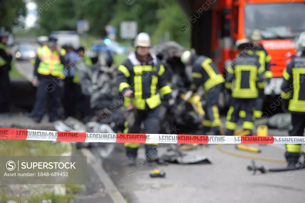 Barrier tape after a road traffic accident, Sindelfingen, Baden-Wuerttemberg, Germany, Europe