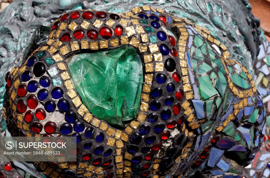 Mosaic with pearls and a green glass stone, Nymphaeum Omega fountain, Ernst Fuchs Museum, former mansion of architect Otto Wagner, Vienna, Austria, Eu...