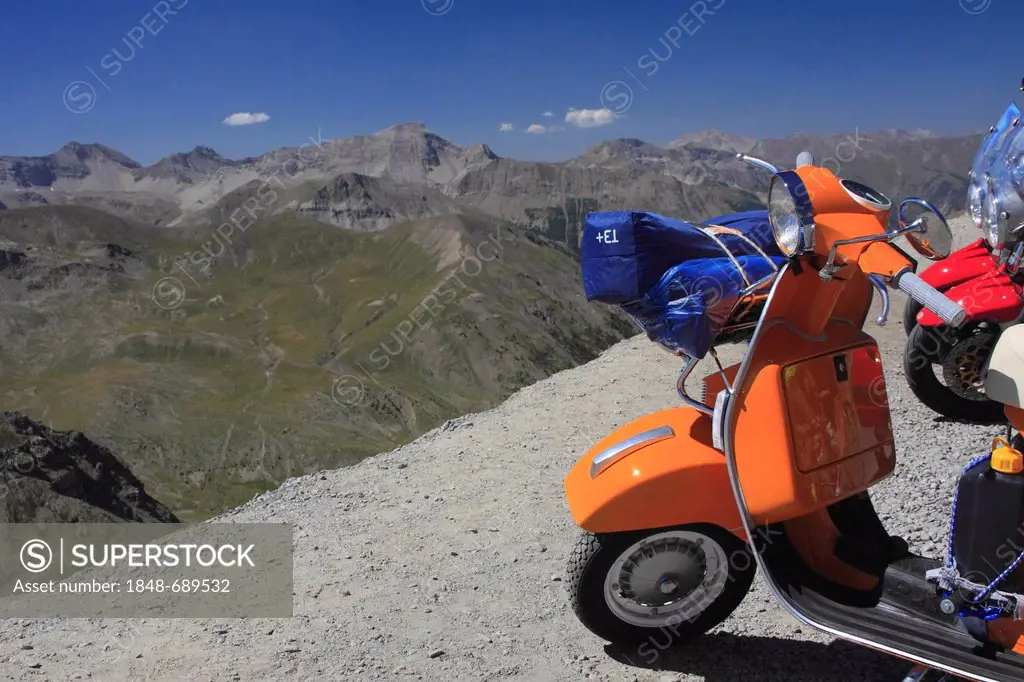 Scooter on the Col de la Bonette mountain pass, highest paved road in Europe, Alpes-Maritimes department, Western Alps, France, Europe