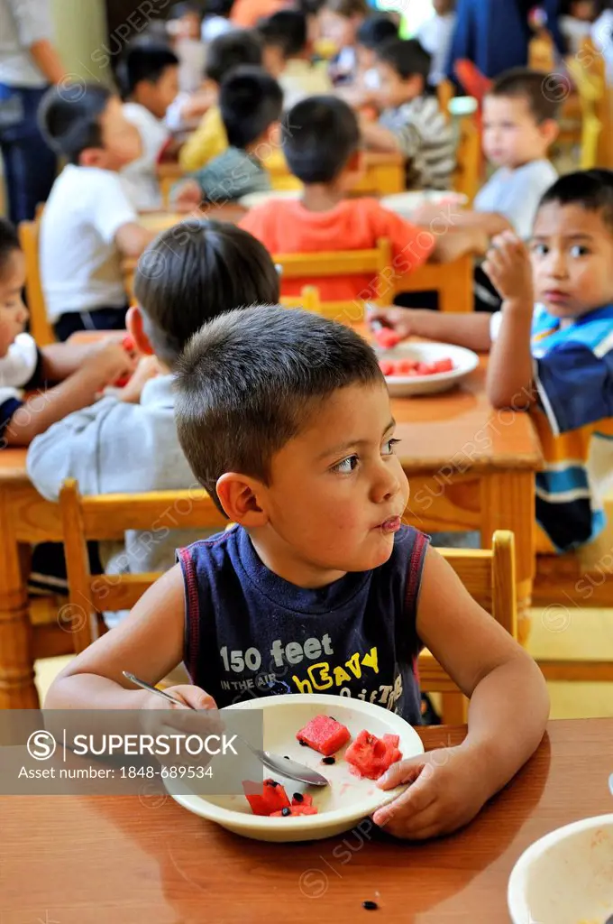 Boy in the refectory in an orphanage, Queretaro, Mexico, North America, Latin America