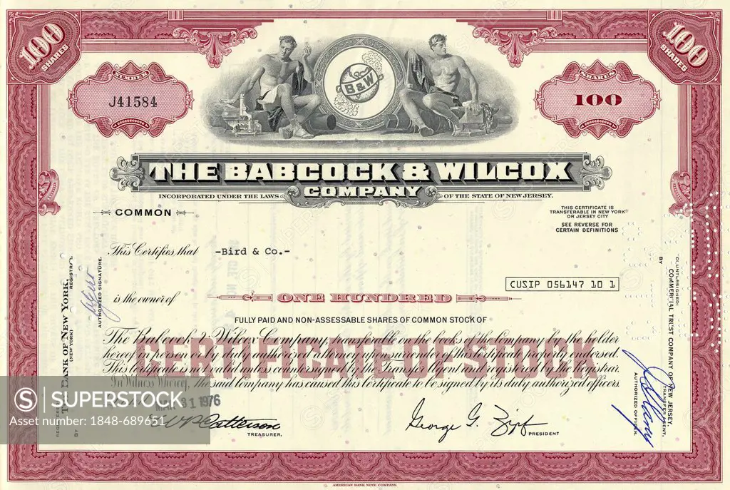 Historical stock certificate, manufacturer of conventional and nuclear steam generators, The Babcock & Wilcox Company, B & W, 1976, New Jersey, USA