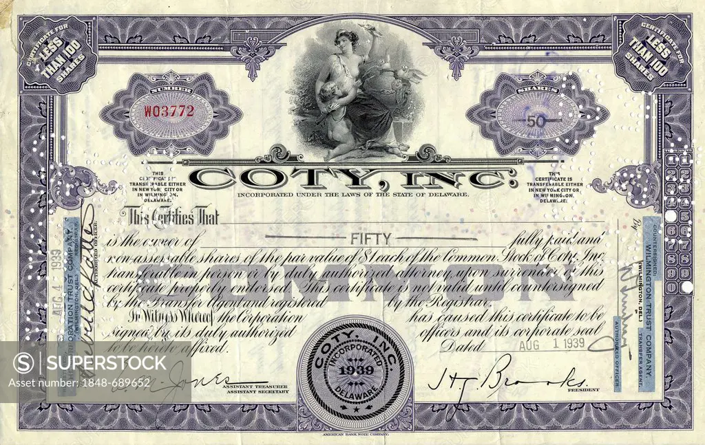 Historical stock certificate, Coty, Inc., 1939, Delaware, USA, detail of the vignette with an allegorical representation for the perfume and cosmetics...