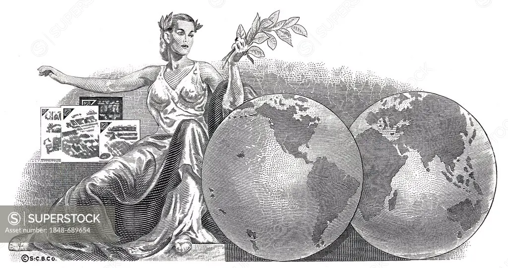 Historical stock certificate, detail of the vignette, allegorical representation of a woman holding tobacco leaves beside two sides of the globe and p...