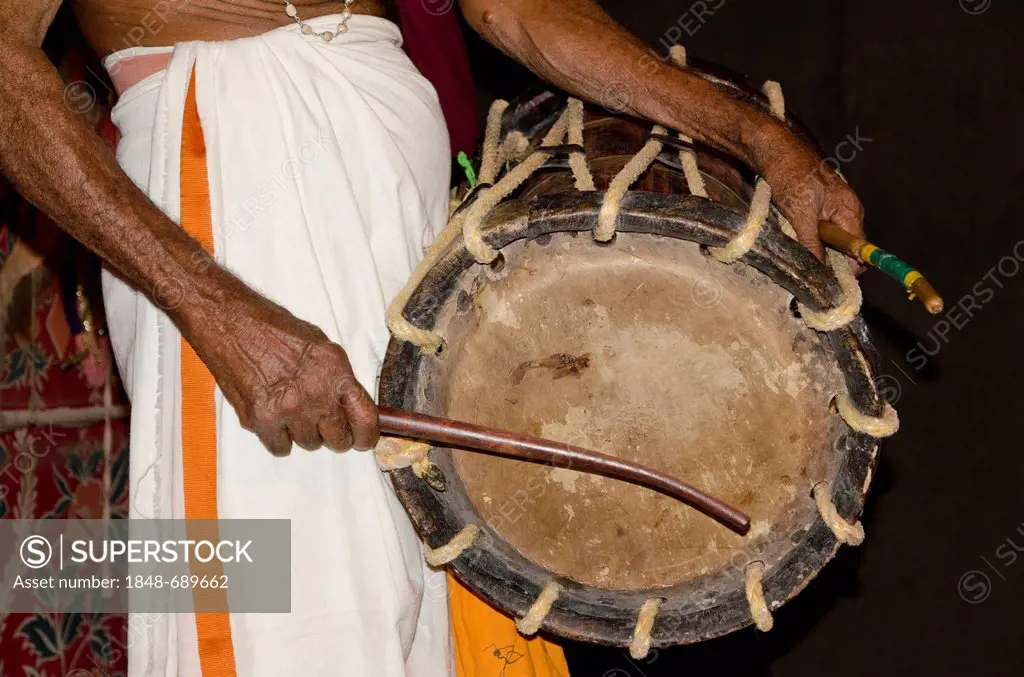 Drummer at a Kathakali performance, Varkala, Kerala, India, Asia
