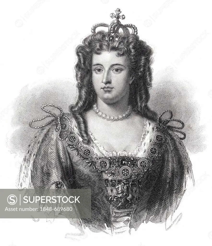 Historical steel engraving from the 19th Century, portrait, Anne Stuart, Queen of England, Scotland and Ireland, 17th - 18th Century